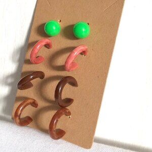 Green Ball Stud Warm Color Tones Hoop Pierced Earrings 4 Pairs